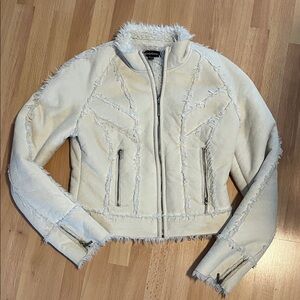 bebe Cream Fuzzy Trim Jacket